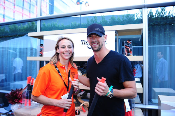 Michael Phelps with Spring Faussett holding Classic Tiger Tails