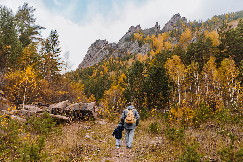 Man and Baby Walking Near Trees Fall Season