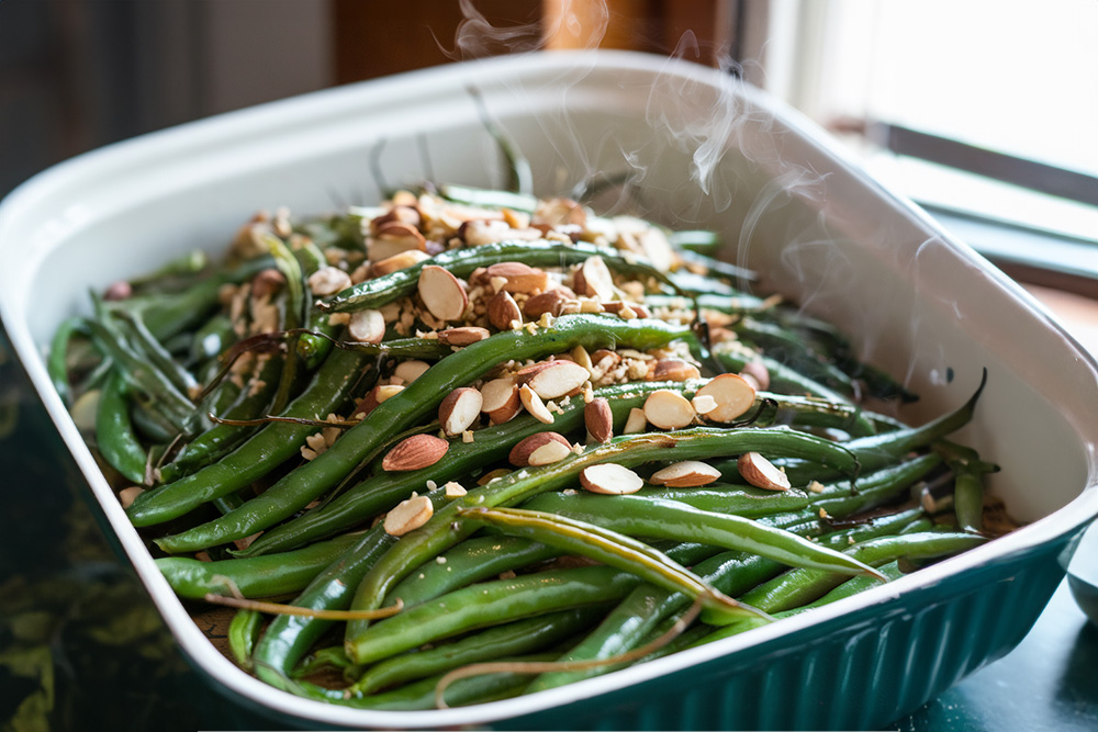 GreenBeanCasserole_Web Roasted Green Bean tossed with Olive Oil, Garlic, and Sliced Almonds