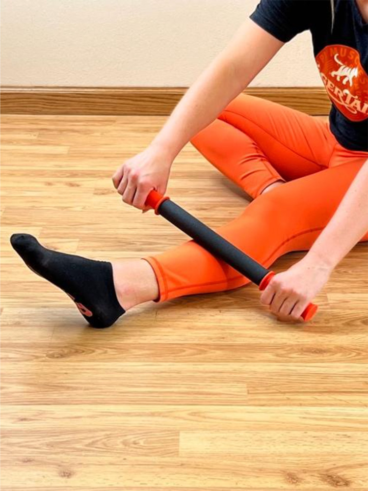 Roll the front of the shin using the 18” roller for 30 seconds