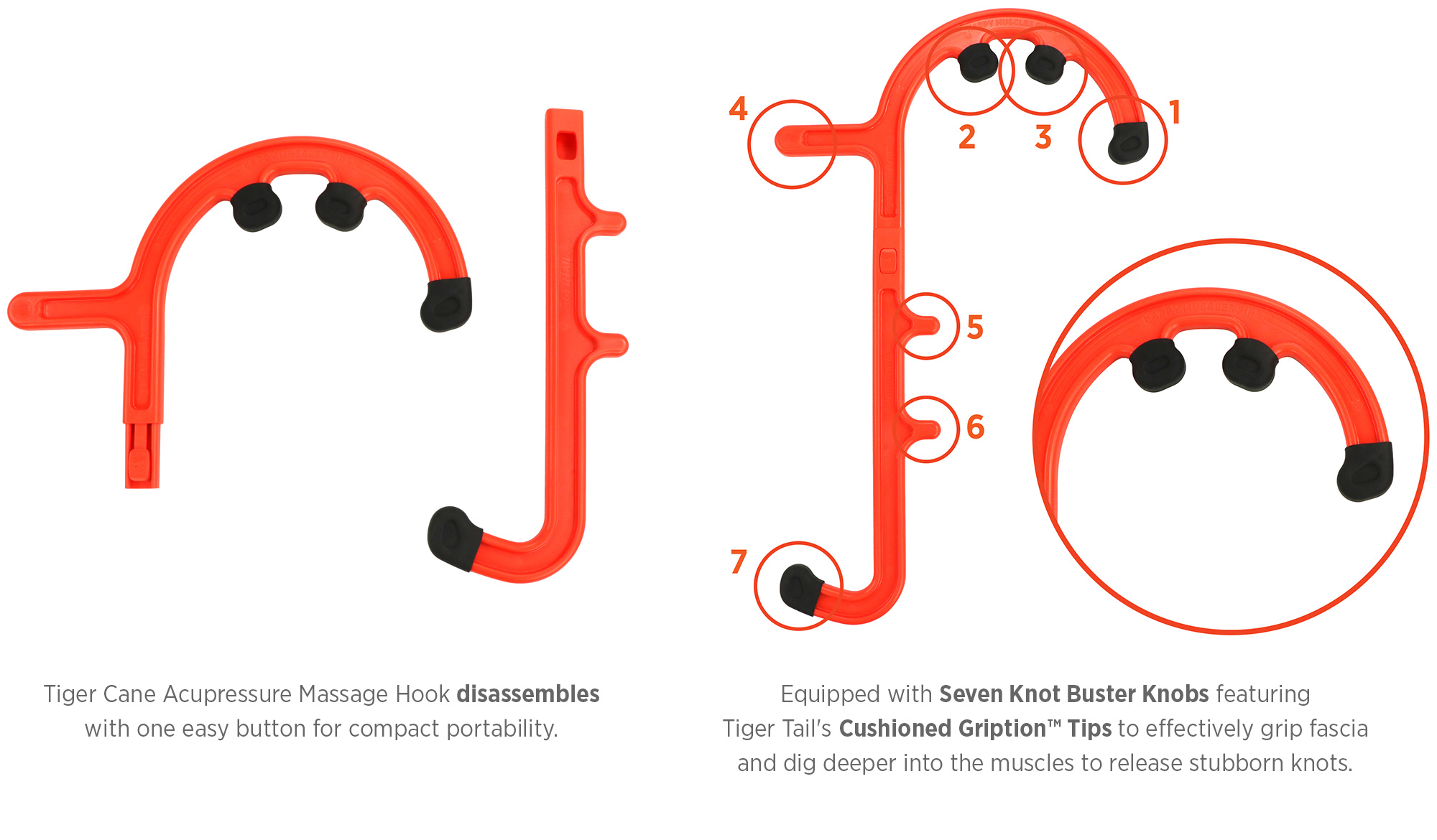Tiger Cane Acupressure Massage Hooks with Cushioned Gription Knobs Orange