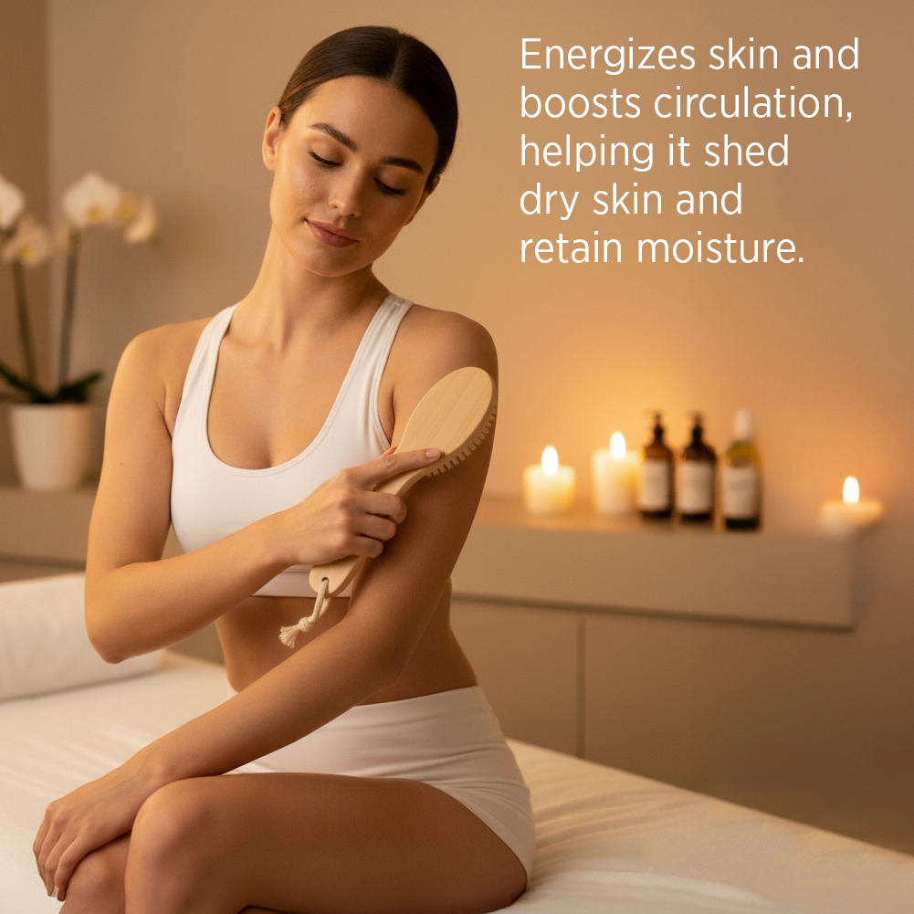 AmazonListing_DryBrush_04 Dry Brushing energizes skin and boost circulation, helping it shed dry skin and retain moisture.