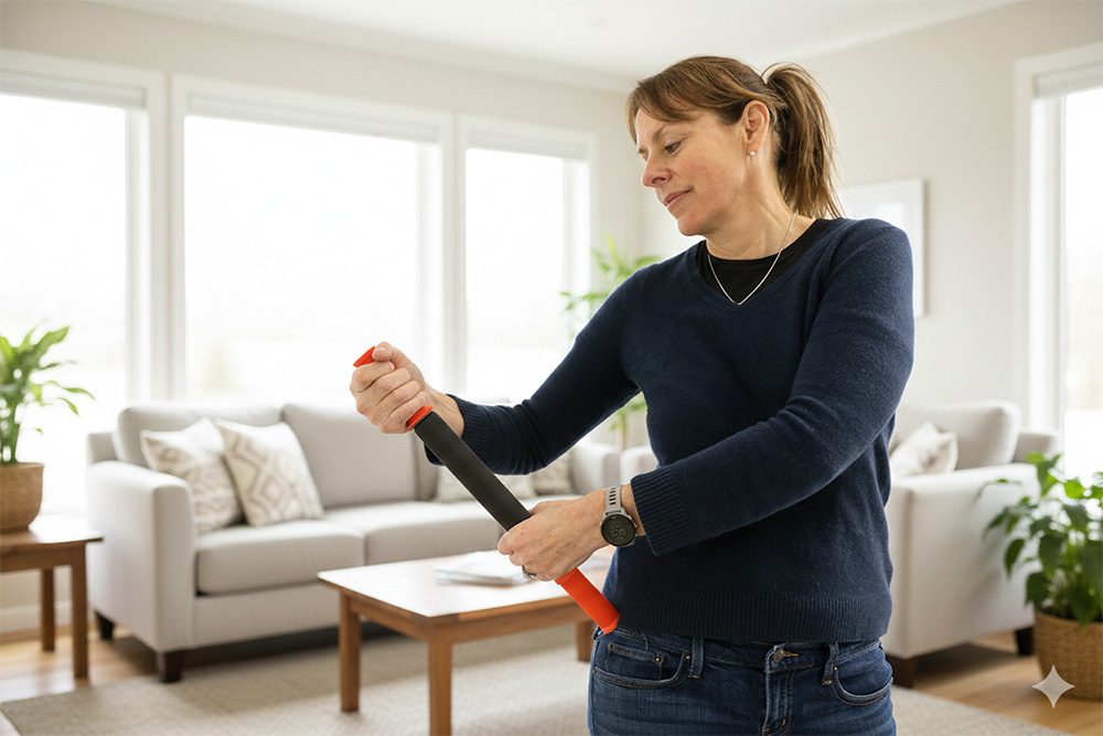 Demonstration of a muscle stick roller being applied to the hip; learn massage stick how to use techniques and use the handle for targeted trigger point pressure to relieve tension.