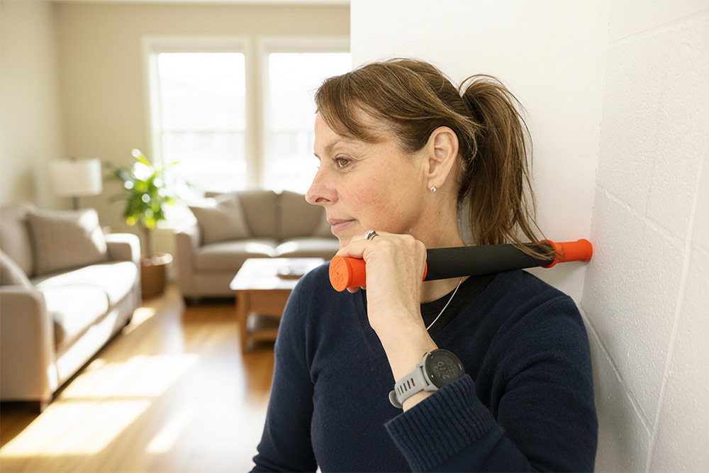 Demonstration of a muscle stick roller being applied to the shoulder and neck; learn massage stick how to use techniques and use the handle for targeted trigger point pressure to relieve tension.