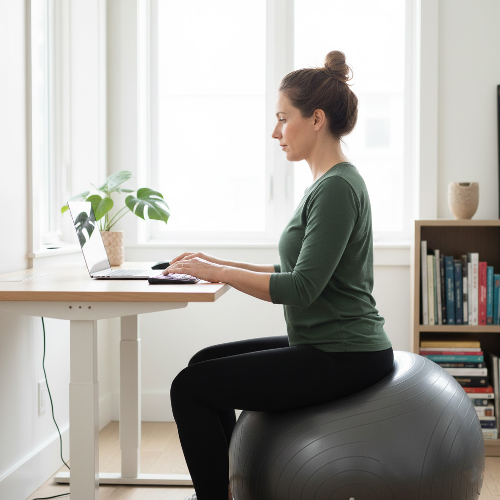 Woman sitting on a yoga ball with a correct posture