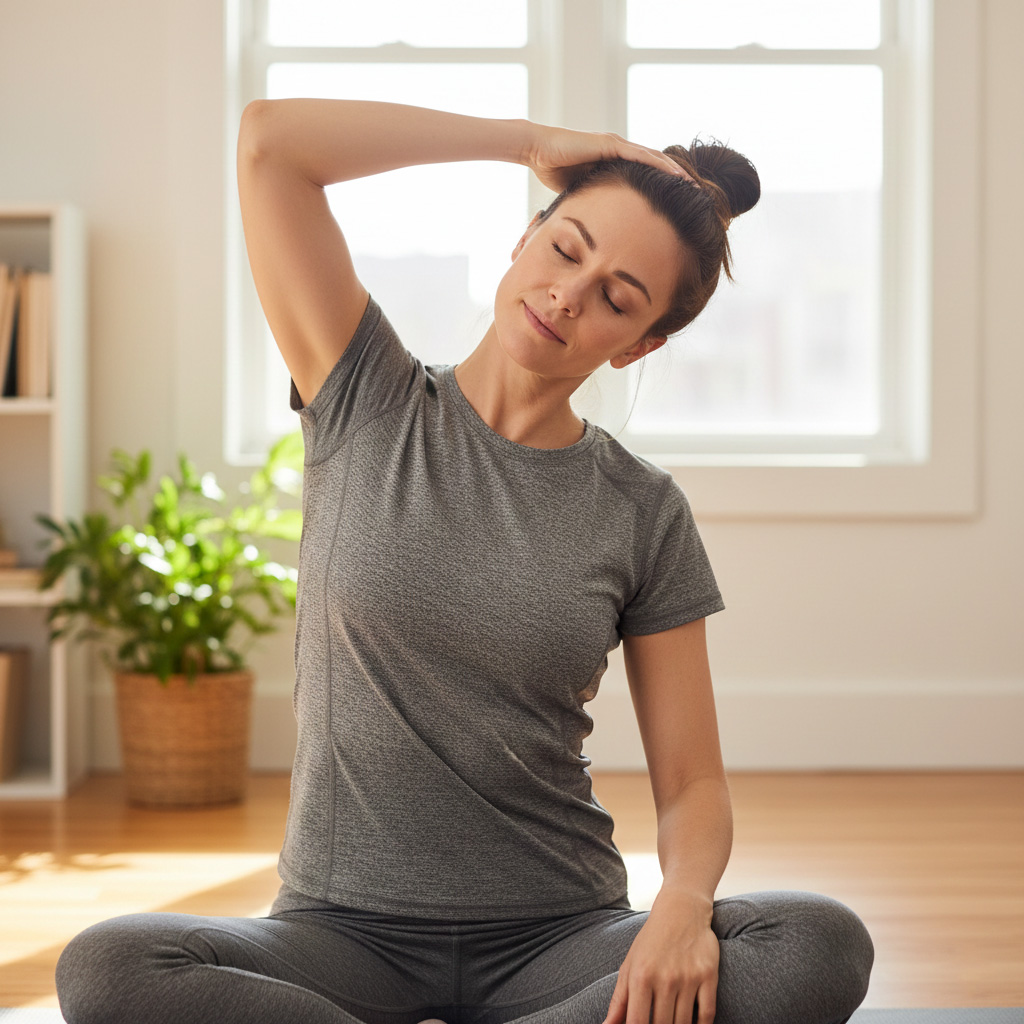 Woman in grey doing neck stretch while sitting on the floor