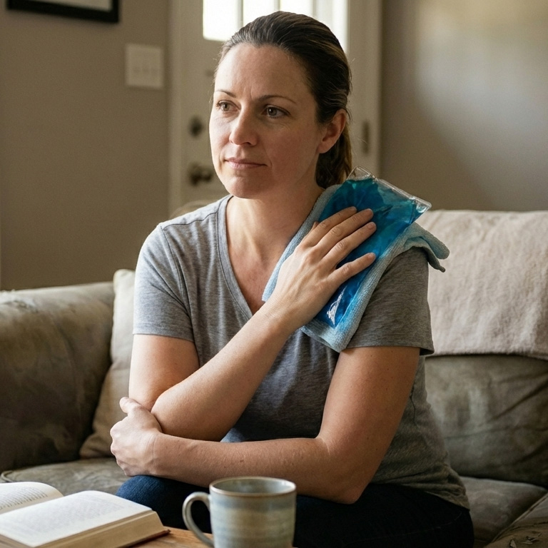 A woman is holding a blue gel ice pack against her left shoulder with her right hand.