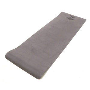 Top-down view of a gray, medium-density foam yoga mat, featuring a subtle non-slip textured surface.