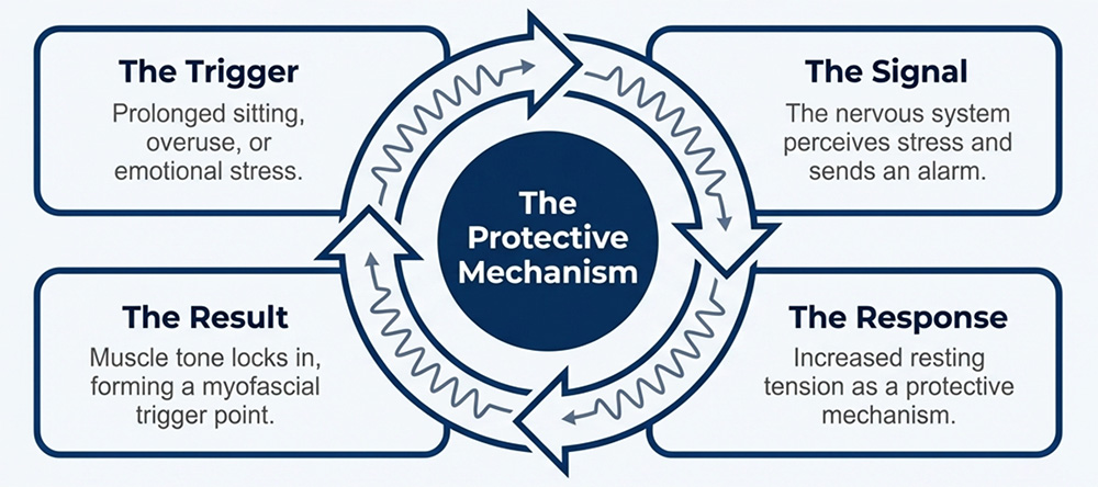 Your muscles tighten because your brain is telling them to stay “on guard."