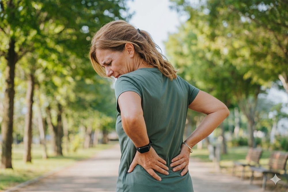 Woman with back pain holding her lower back with painful expression