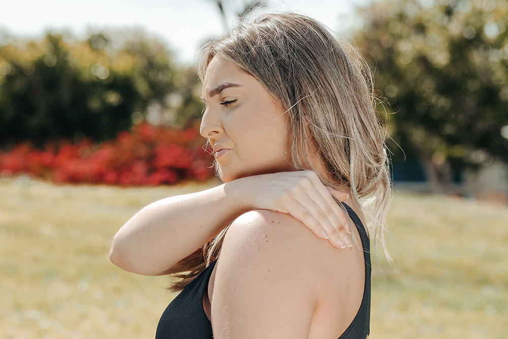 Shoulder Pain caused by a knot in the shoulder muscles.
