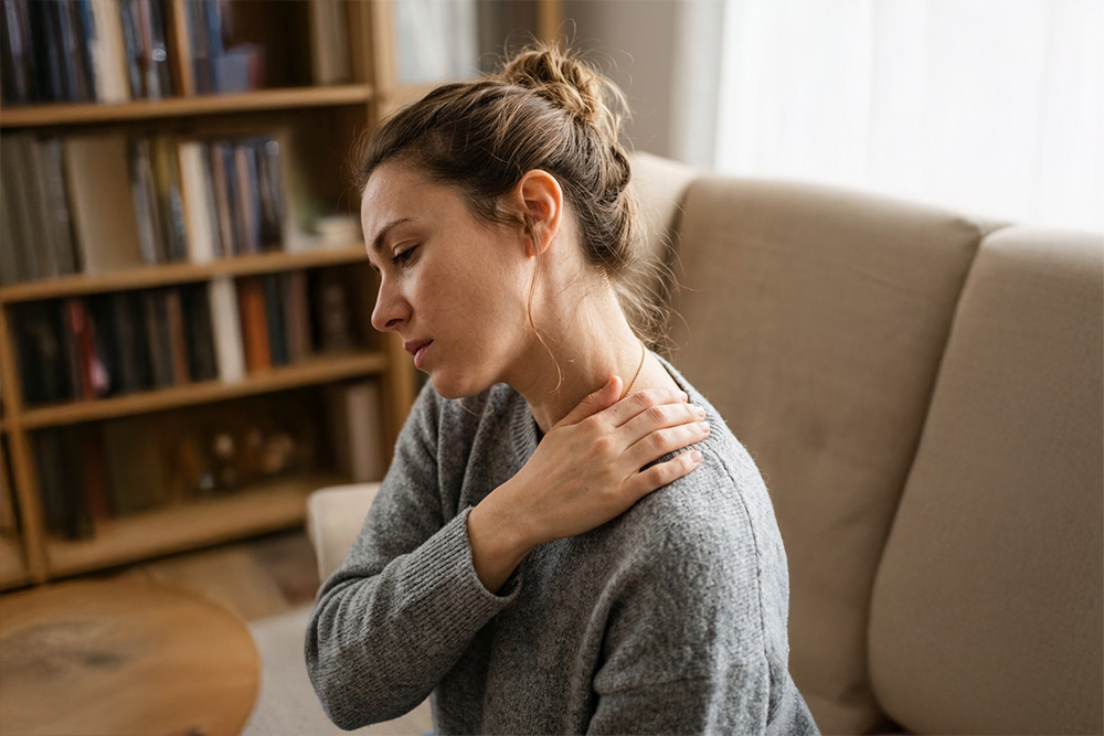 A knot in shoulder blade tissue is a myofascial trigger point sustained by ischemia and poor posture.