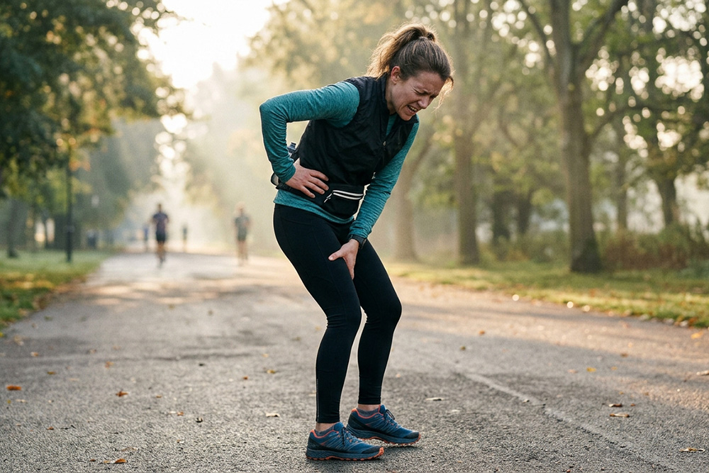 Woman experiencing pain on her hamstring in the middle of a run.
